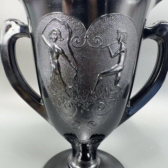 L E Smith Black Amethyst Glass Dancing Nymphs Trophy Glass Vase Etched Vintage - Picture 10 of 14